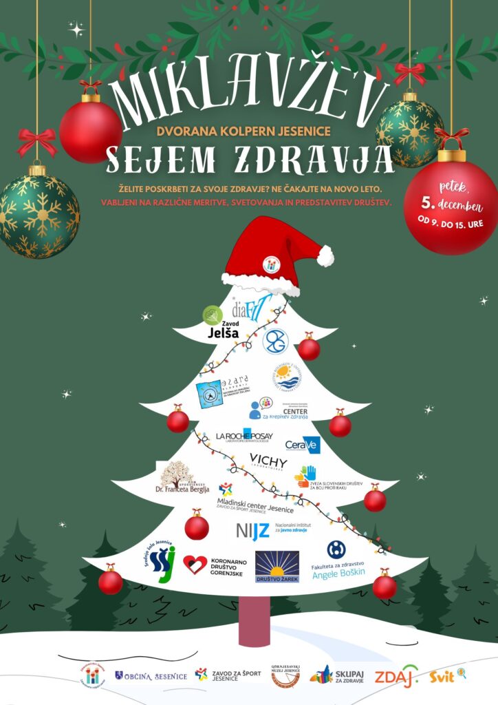 na fotografiji je praznična smreka, na kateri so logotipi sodelujočih na sejmu zdravja